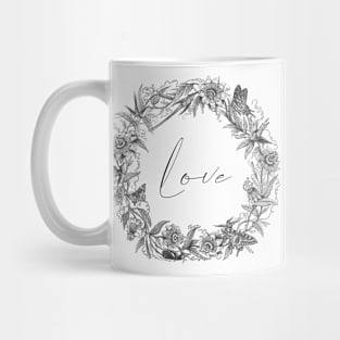 Tropical Flowers Wreath Vintage Botanical Illustration with butterflies and Love Sign Mug